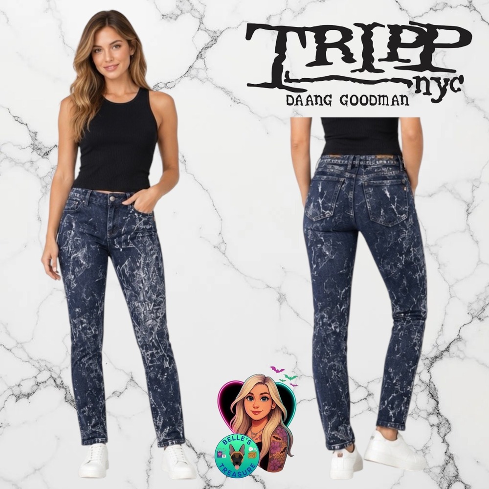 Tripp NYC Women's 15/16 Blue Marble Wash Skinny Jeans Punk Goth Stretch Y2K